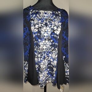 NWT Style & Co Women's Long Sleeve Blouse Blue, Black, and White Boho Print Sz M